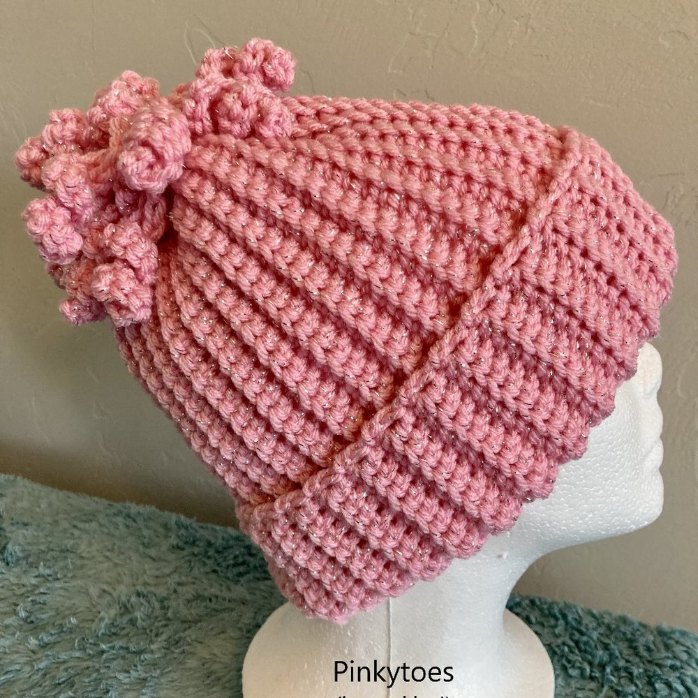 Adorable adult Beanie with Fringe! Color: Pinkytoes (with sparkles)